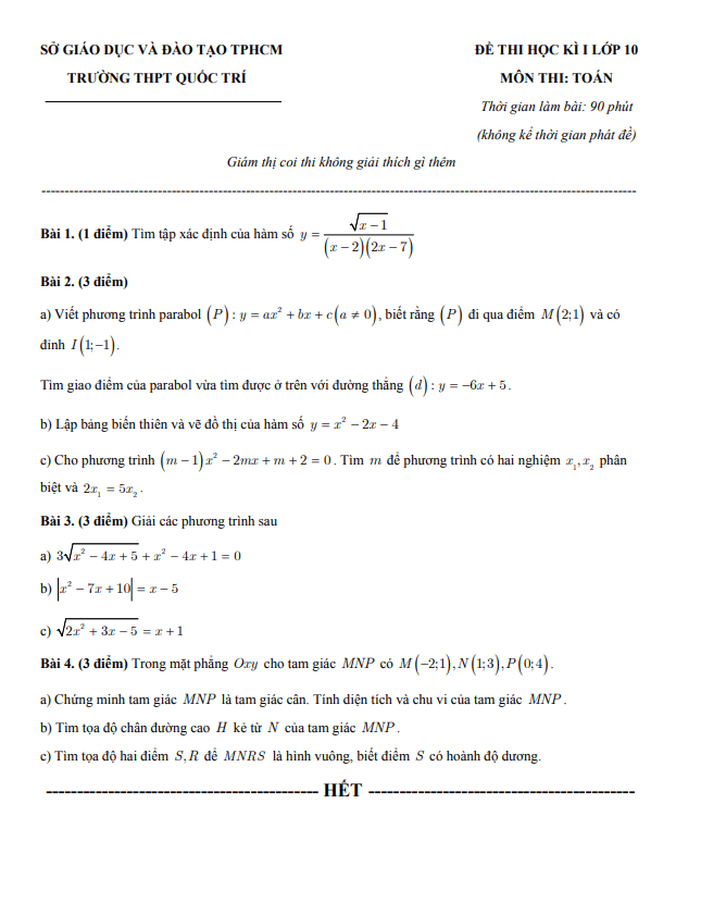 Đề thi học kì 1 (HK1) lớp 10 môn Toán năm 2019 2020 trường THPT Quốc Trí TP HCM