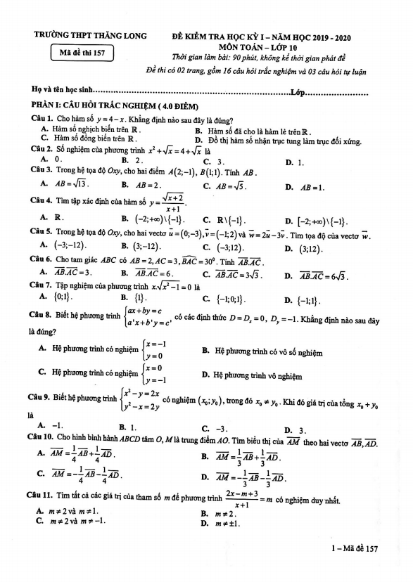 Đề thi học kì 1 (HK1) lớp 10 môn Toán năm 2019 2020 trường THPT Thăng Long Hà Nội