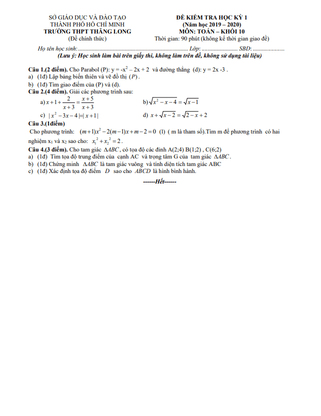 Đề thi học kì 1 (HK1) lớp 10 môn Toán năm 2019 2020 trường THPT Thăng Long TP HCM