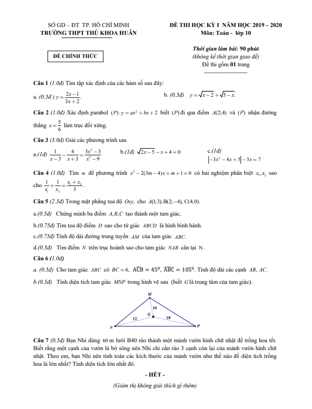 Đề thi học kì 1 (HK1) lớp 10 môn Toán năm 2019 2020 trường THPT Thủ Khoa Huân TP HCM