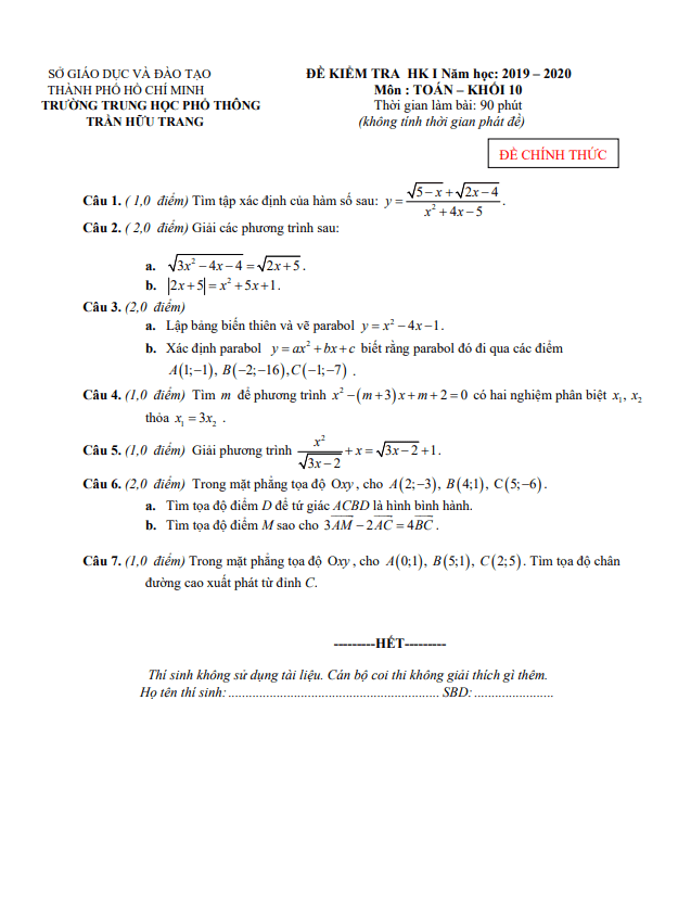 Đề thi học kì 1 (HK1) lớp 10 môn Toán năm 2019 2020 trường THPT Trần Hữu Trang TP HCM