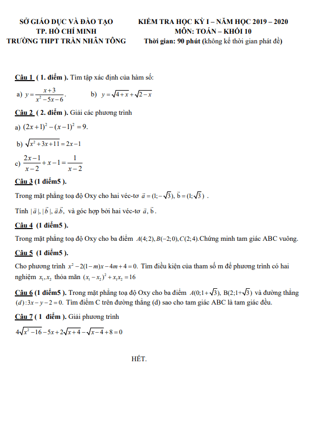 Đề thi học kì 1 (HK1) lớp 10 môn Toán năm 2019 2020 trường THPT Trần Nhân Tông TP HCM