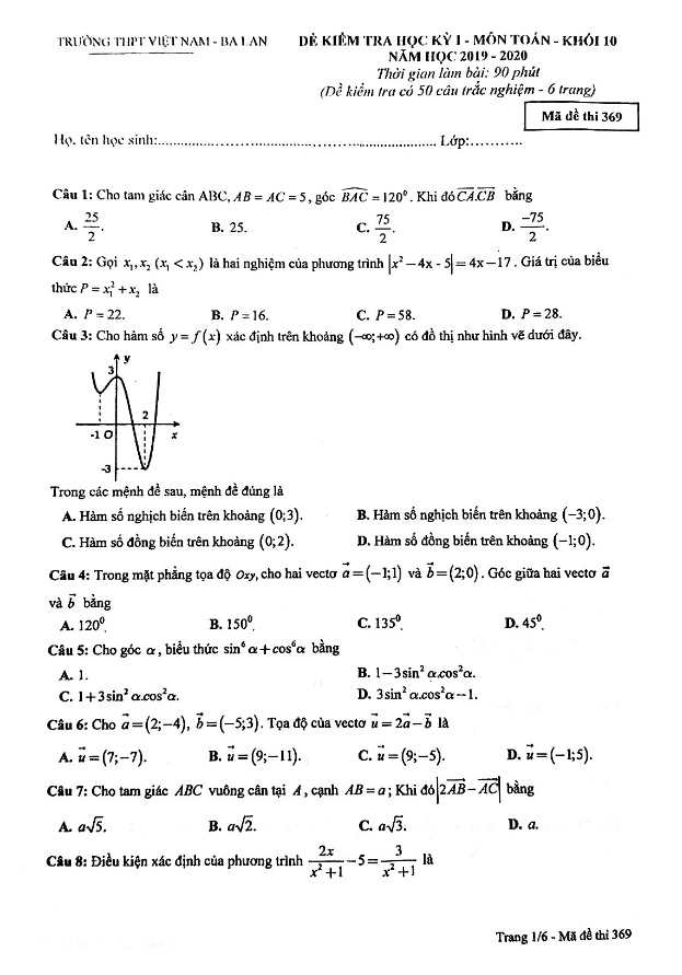 Đề thi học kì 1 (HK1) lớp 10 môn Toán năm 2019 2020 trường THPT Việt Nam Ba Lan Hà Nội