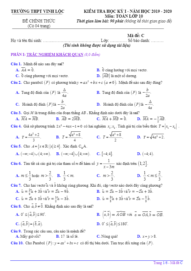 Đề thi học kì 1 (HK1) lớp 10 môn Toán năm 2019 2020 trường THPT Vinh Lộc TT Huế