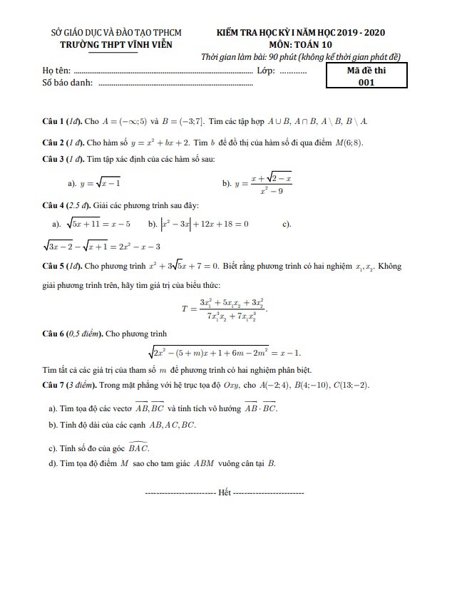 Đề thi học kì 1 (HK1) lớp 10 môn Toán năm 2019 2020 trường THPT Vĩnh Viễn TP HCM