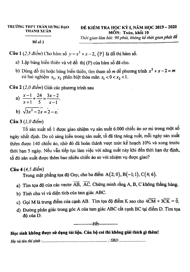 Đề thi học kì 1 (HK1) lớp 10 môn Toán năm 2019 2020 trường Trần Hưng Đạo Hà Nội