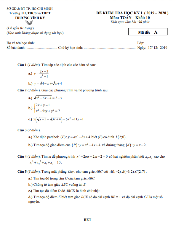 Đề thi học kì 1 (HK1) lớp 10 môn Toán năm 2019 2020 trường Trương Vĩnh Ký TP HCM