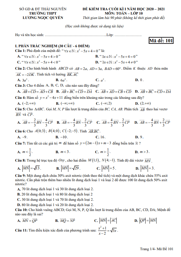 Đề thi học kì 1 (HK1) lớp 10 môn Toán năm 2020 2021 trường Lương Ngọc Quyến Thái Nguyên