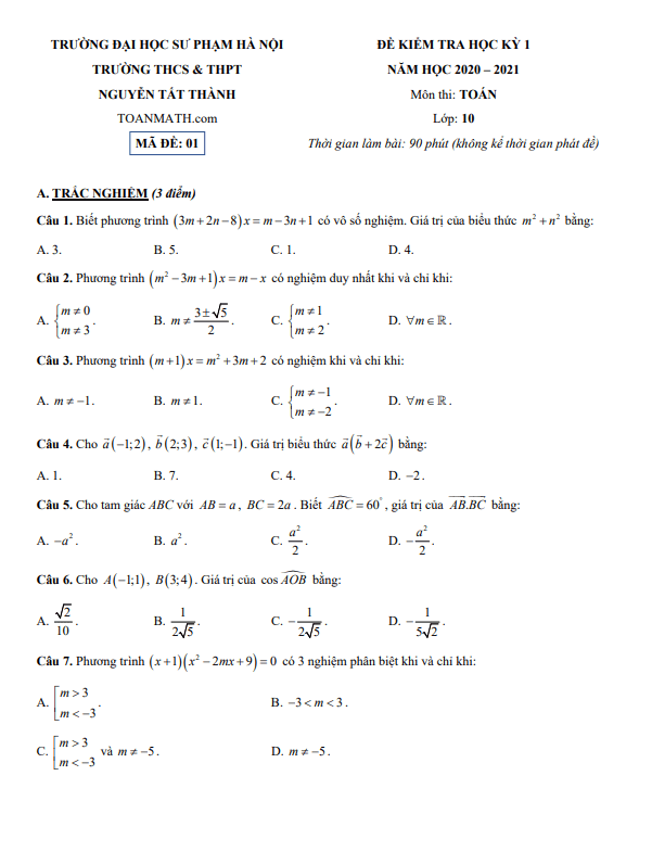 Đề thi học kì 1 (HK1) lớp 10 môn Toán năm 2020 2021 trường Nguyễn Tất Thành Hà Nội