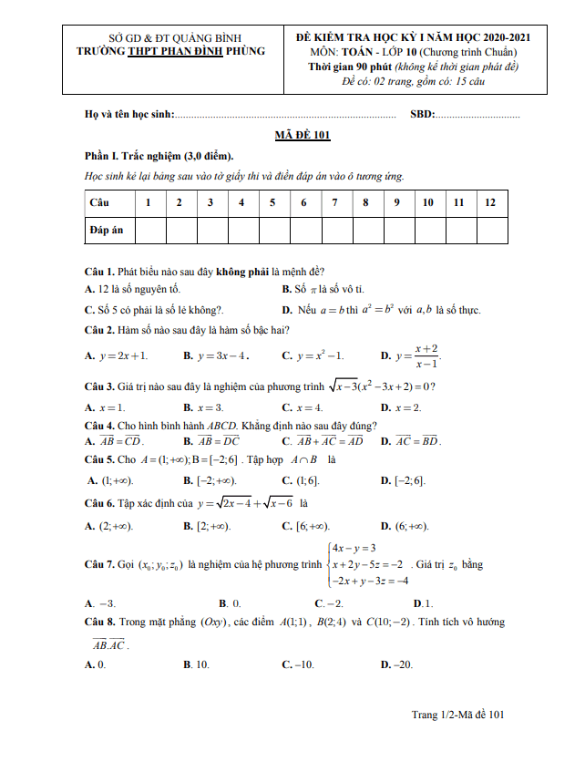Đề thi học kì 1 (HK1) lớp 10 môn Toán năm 2020 2021 trường Phan Đình Phùng Quảng Bình
