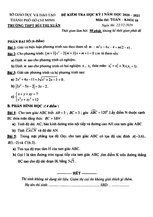 Đề thi học kì 1 (HK1) lớp 10 môn Toán năm 2020 2021 trường THPT Bùi Thị Xuân TP HCM