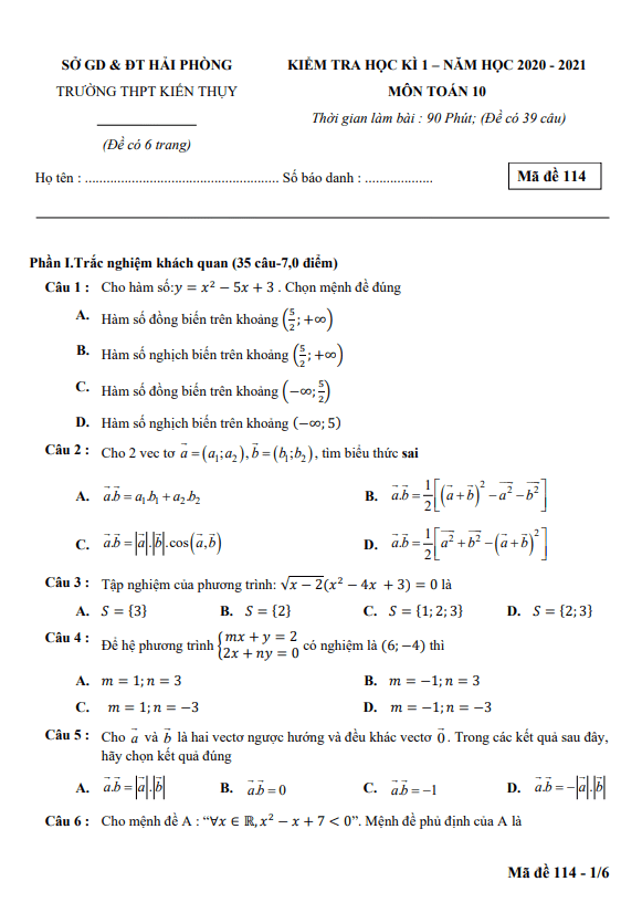 Đề thi học kì 1 (HK1) lớp 10 môn Toán năm 2020 2021 trường THPT Kiến Thụy Hải Phòng