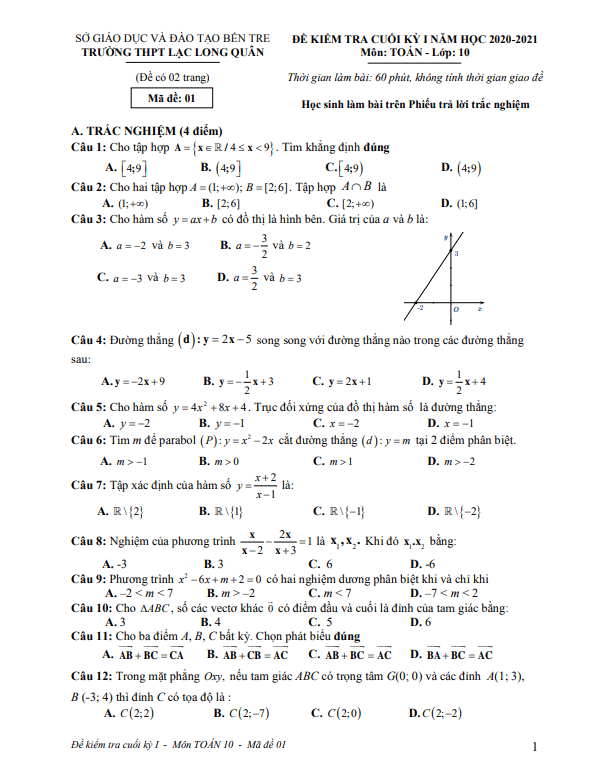Đề thi học kì 1 (HK1) lớp 10 môn Toán năm 2020 2021 trường THPT Lạc Long Quân Bến Tre
