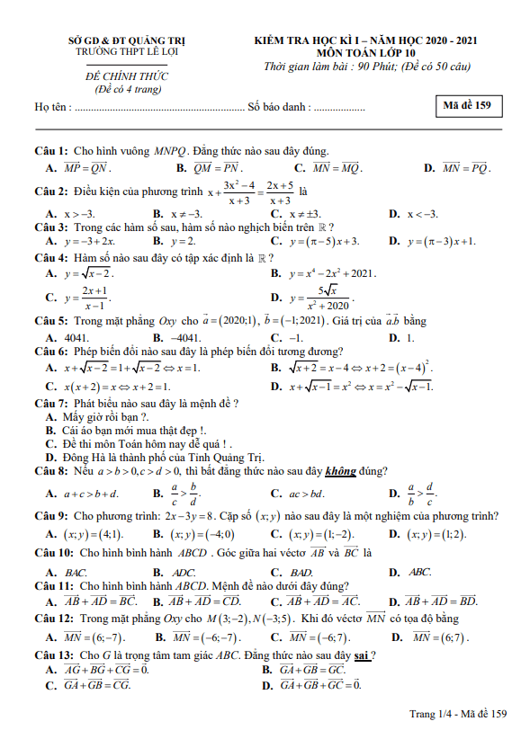 Đề thi học kì 1 (HK1) lớp 10 môn Toán năm 2020 2021 trường THPT Lê Lợi Quảng Trị