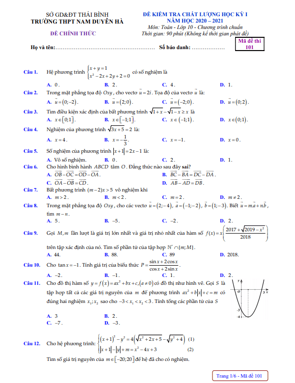 Đề thi học kì 1 (HK1) lớp 10 môn Toán năm 2020 2021 trường THPT Nam Duyên Hà Thái Bình
