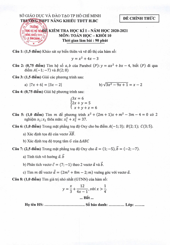 Đề thi học kì 1 (HK1) lớp 10 môn Toán năm 2020 2021 trường THPT Năng khiếu TDTT Bình Chánh TP HCM