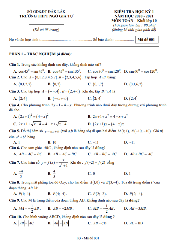 Đề thi học kì 1 (HK1) lớp 10 môn Toán năm 2020 2021 trường THPT Ngô Gia Tự Đắk Lắk