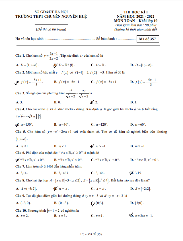 Đề thi học kì 1 (HK1) lớp 10 môn Toán năm 2021 2022 trường THPT chuyên Nguyễn Huệ Hà Nội