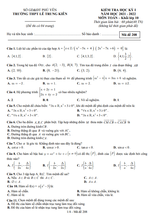 Đề thi học kì 1 (HK1) lớp 10 môn Toán năm 2021 2022 trường THPT Lê Trung Kiên Phú Yên