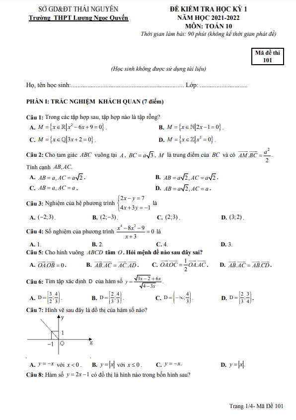 Đề thi học kì 1 (HK1) lớp 10 môn Toán năm 2021 2022 trường THPT Lương Ngọc Quyến Thái Nguyên