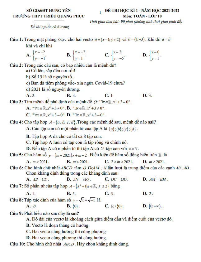 Đề thi học kì 1 (HK1) lớp 10 môn Toán năm 2021 2022 trường THPT Triệu Quang Phục Hưng Yên