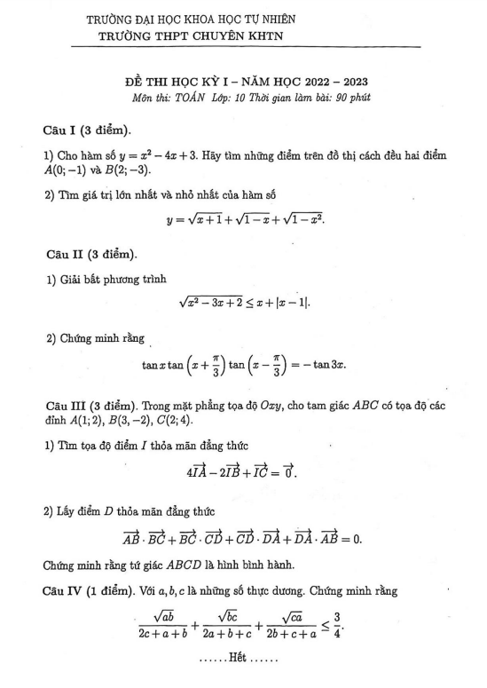 Đề thi học kì 1 (HK1) lớp 10 môn Toán năm 2022 2023 trường chuyên KHTN Hà Nội