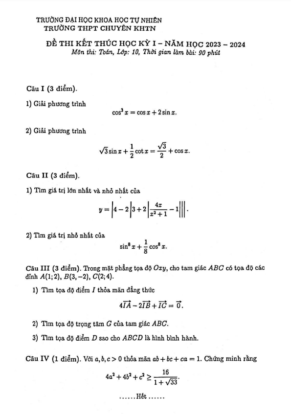 Đề thi học kì 1 (HK1) lớp 10 môn Toán năm 2023 2024 trường THPT chuyên KHTN Hà Nội