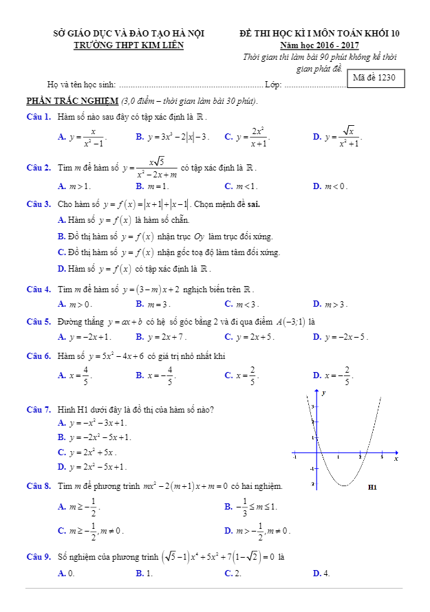 Đề thi học kì 1 (HK1) lớp 10 môn Toán năm học 2016 2017 trường THPT Kim Liên Hà Nội