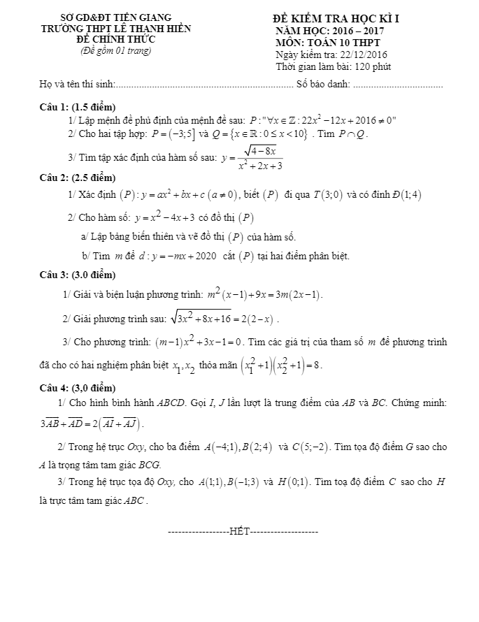 Đề thi học kì 1 (HK1) lớp 10 môn Toán năm học 2016 2017 trường THPT Lê Thanh Hiền Tiền Giang