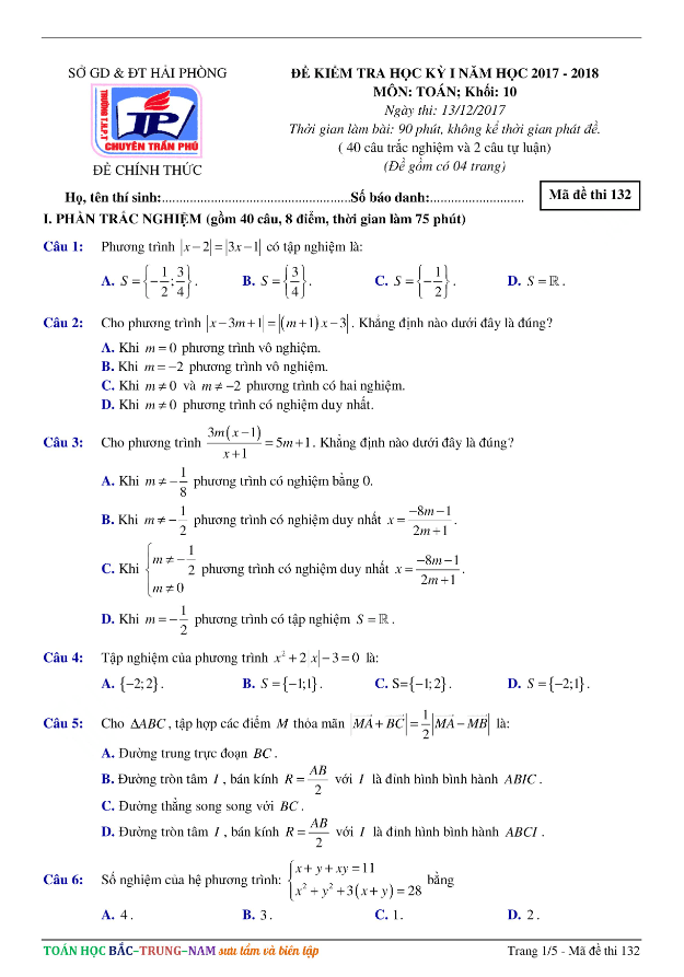 Đề thi học kì 1 (HK1) lớp 10 môn Toán năm học 2017 2018 trường THPT chuyên Trần Phú Hải Phòng
