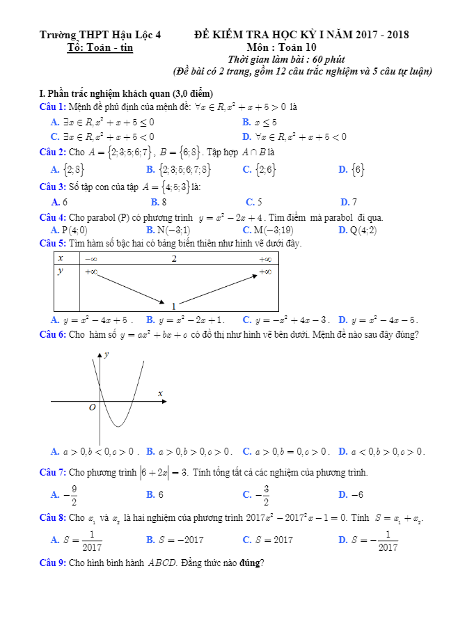 Đề thi học kì 1 (HK1) lớp 10 môn Toán năm học 2017 2018 trường THPT Hậu Lộc 4 Thanh Hóa