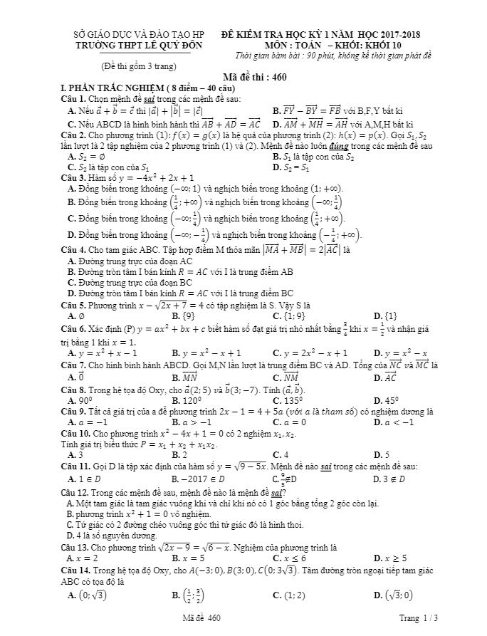 Đề thi học kì 1 (HK1) lớp 10 môn Toán năm học 2017 2018 trường THPT Lê Quý Đôn Hải Phòng
