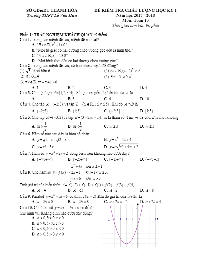 Đề thi học kì 1 (HK1) lớp 10 môn Toán năm học 2017 2018 trường THPT Lê Văn Hưu Thanh Hóa