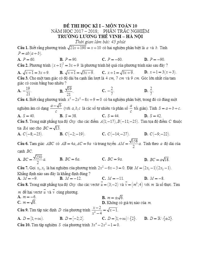 Đề thi học kì 1 (HK1) lớp 10 môn Toán năm học 2017 2018 trường THPT Lương Thế Vinh Hà Nội