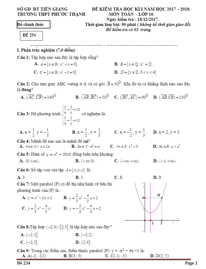 Đề thi học kì 1 (HK1) lớp 10 môn Toán năm học 2017 2018 trường THPT Phước Thạnh Tiền Giang