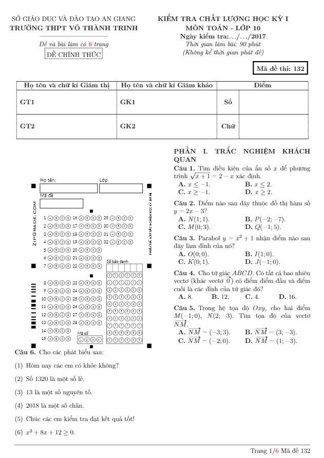 Đề thi học kì 1 (HK1) lớp 10 môn Toán năm học 2017 2018 trường THPT Võ Thành Trinh An Giang