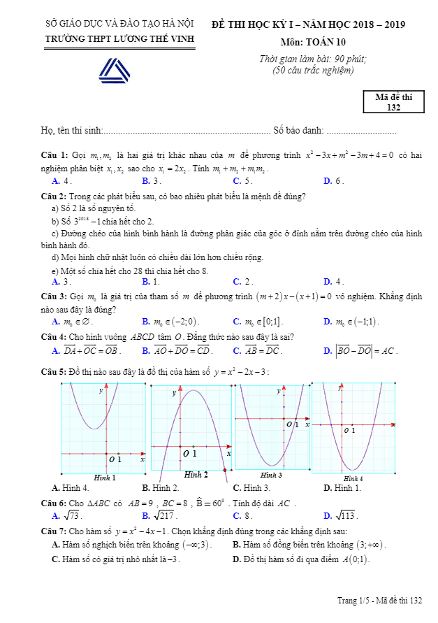 Đề thi học kì 1 (HK1) lớp 10 môn Toán năm học 2018 2019 trường Lương Thế Vinh Hà Nội