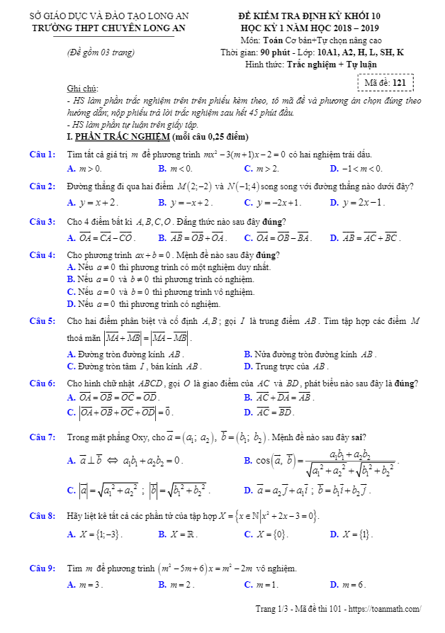 Đề thi học kì 1 (HK1) lớp 10 môn Toán năm học 2018 2019 trường THPT chuyên Long An