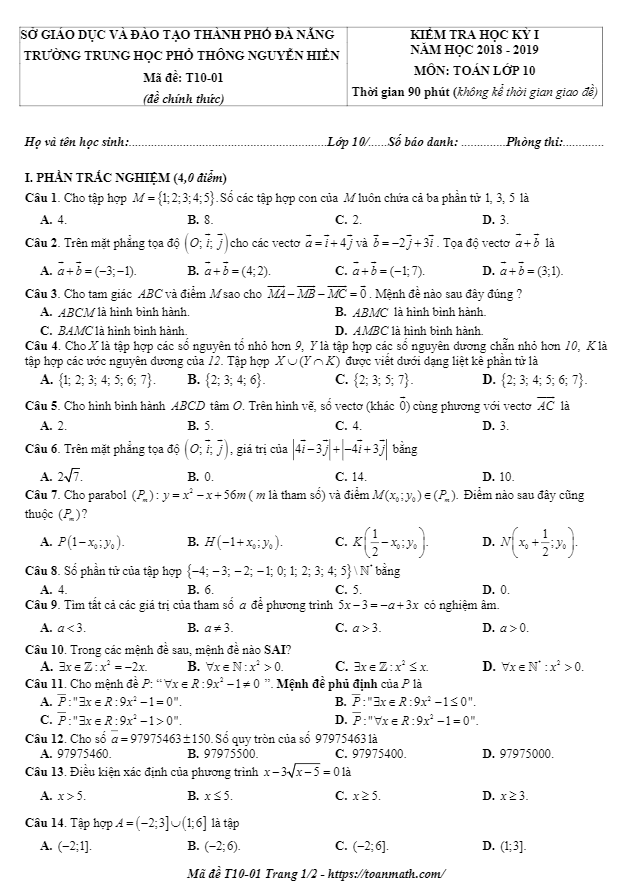 Đề thi học kì 1 (HK1) lớp 10 môn Toán năm học 2018 2019 trường THPT Nguyễn Hiền Đà Nẵng