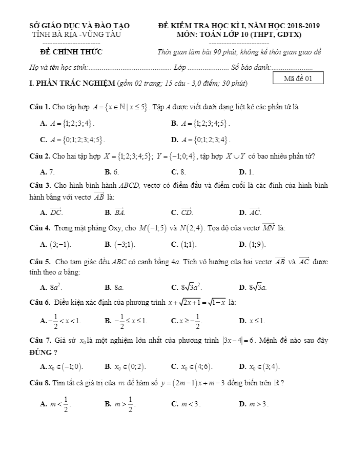 Đề thi học kì 1 (HK1) lớp 10 môn Toán năm học 2018 – 2019 sở GD và ĐT Bà Rịa – Vũng Tàu