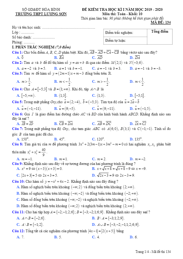 Đề thi học kì 1 (HK1) lớp 10 môn Toán năm học 2019 2020 trường THPT Lương Sơn Hòa Bình