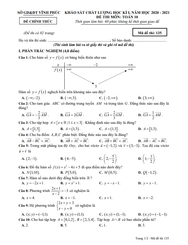 Đề thi học kì 1 (HK1) lớp 10 môn Toán năm học 2020 2021 sở GD ĐT Vĩnh Phúc