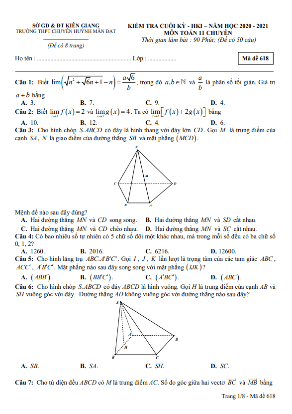 Đề thi học kì 1 (HK1) lớp 11 môn Toán chuyên năm 2020 2021 trường chuyên Huỳnh Mẫn Đạt Kiên Giang
