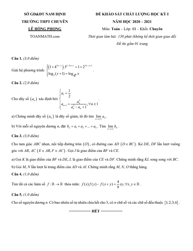 Đề thi học kì 1 (HK1) lớp 11 môn Toán chuyên năm 2020 2021 trường chuyên Lê Hồng Phong Nam Định