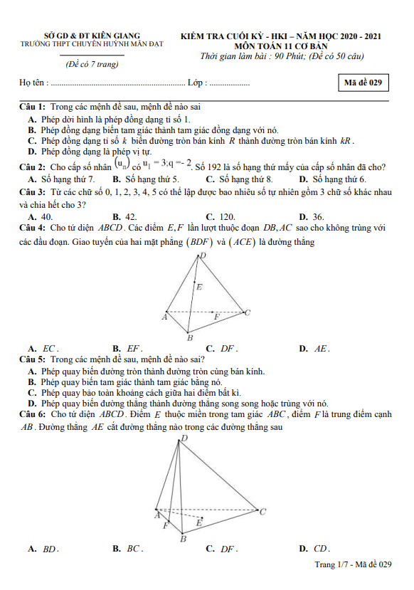 Đề thi học kì 1 (HK1) lớp 11 môn Toán cơ bản năm 2020 2021 trường chuyên Huỳnh Mẫn Đạt Kiên Giang