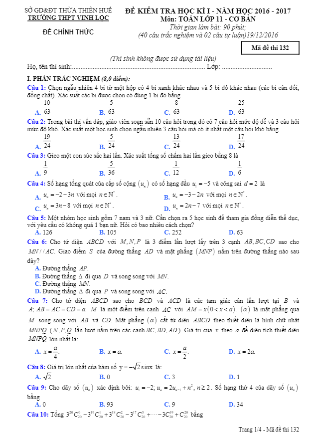 Đề thi học kì 1 (HK1) lớp 11 môn Toán cơ bản năm học 2016 2017 trường Vinh Lộc TT Huế