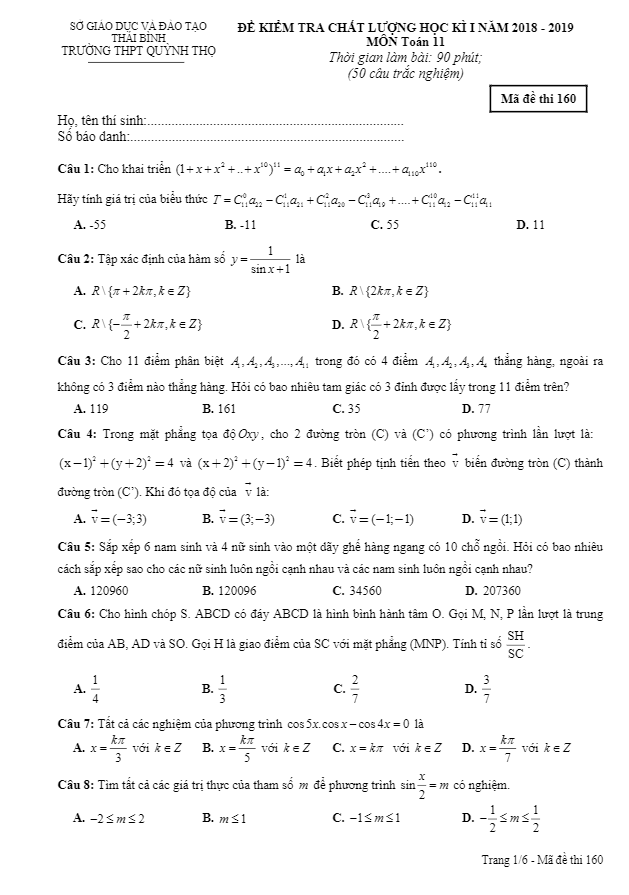 Đề thi học kì 1 (HK1) lớp 11 môn Toán năm 2018 2019 trường THPT Quỳnh Thọ Thái Bình