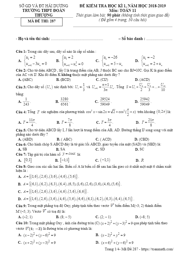 Đề thi học kì 1 (HK1) lớp 11 môn Toán năm 2018 – 2019 trường THPT Đoàn Thượng – Hải Dương