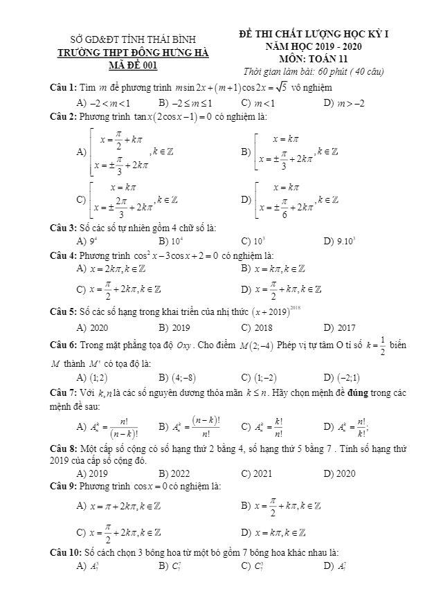 Đề thi học kì 1 (HK1) lớp 11 môn Toán năm 2019 2020 trường Đông Hưng Hà Thái Bình