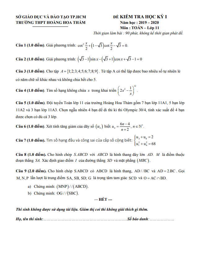 Đề thi học kì 1 (HK1) lớp 11 môn Toán năm 2019 2020 trường Hoàng Hoa Thám TP HCM
